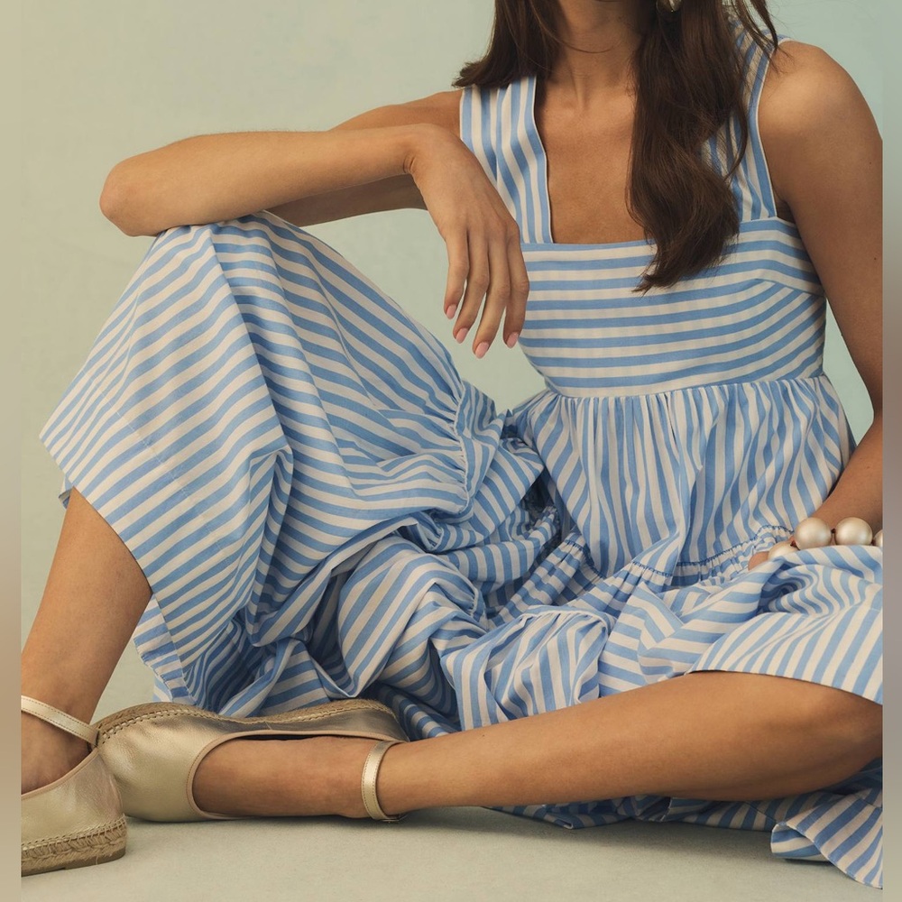 Anthropologie Helena Square Neck Blue and White Striped Sleeveless Dress